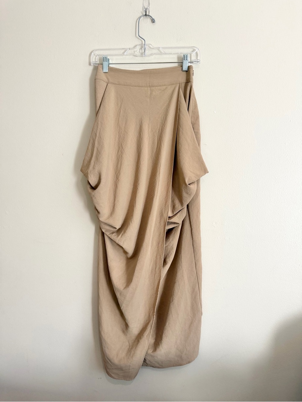 Zara Draped Sculptural Asymmetric Midi Skirt in Beige Tan Size Small